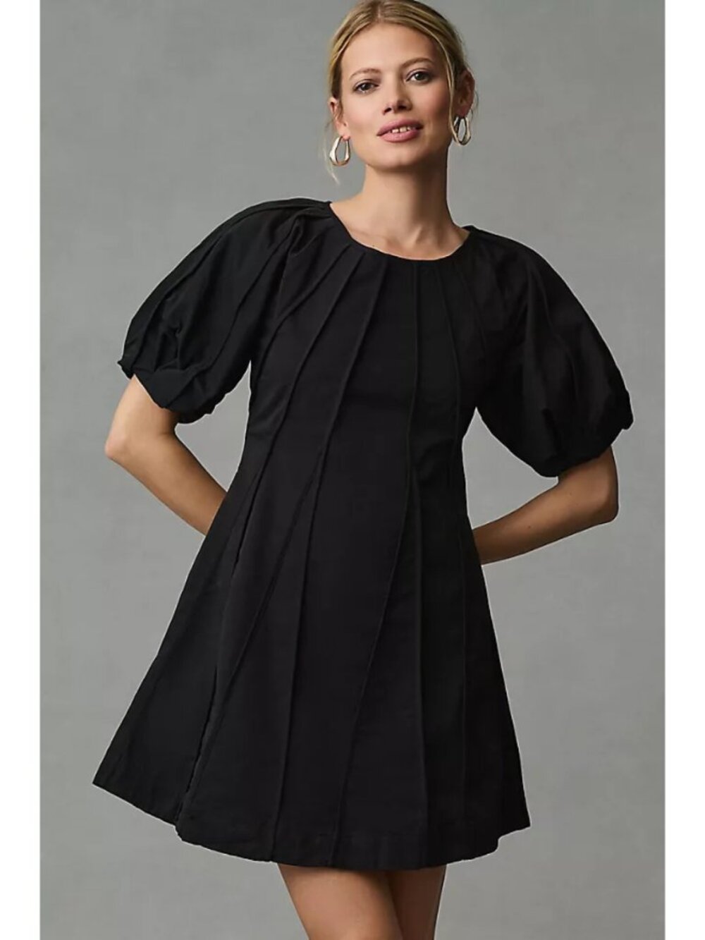 Anthropologie Aureta Puff Sleeve Seamed A-Line Mini Dress in Black